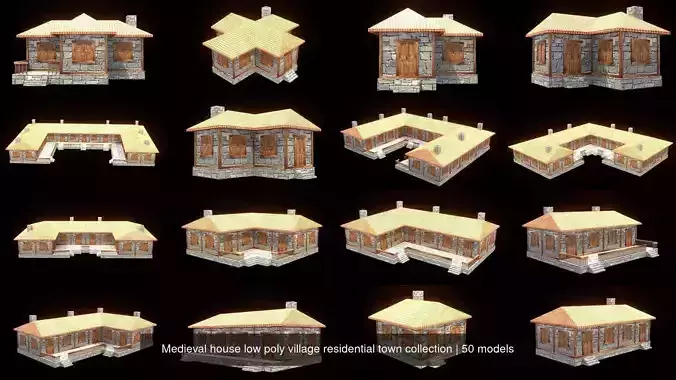 Medieval house low poly village residential town collection 