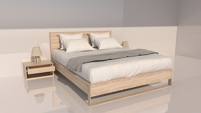 Scandinavian style Wooden Bed Set 3D model
