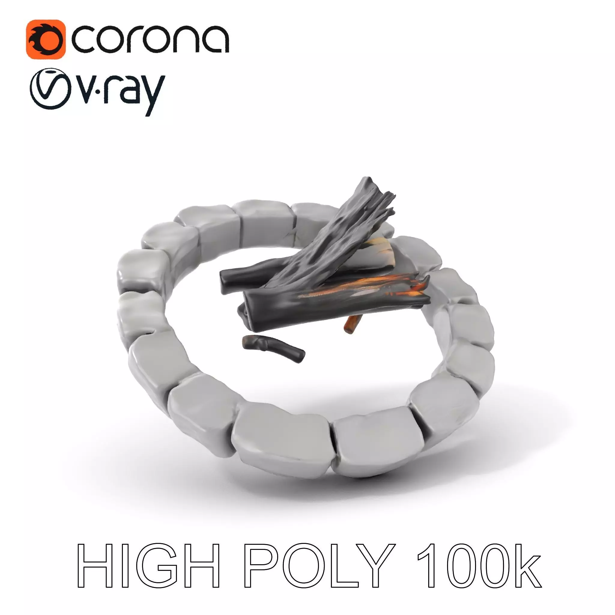 Outdoor Campfire Ring with Charred Logs Model Pack Low-poly 3D model_0