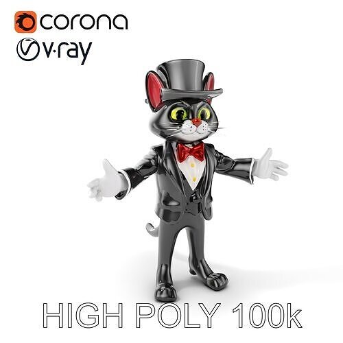 Top Hat Tuxedo Cat Character Model  Rigged and Animated Low-poly 3D model