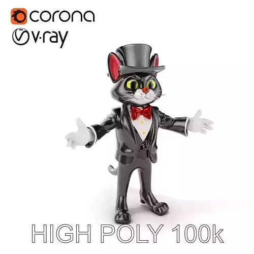 Top Hat Tuxedo Cat Character Model  Rigged and Animated Low-poly 3D model