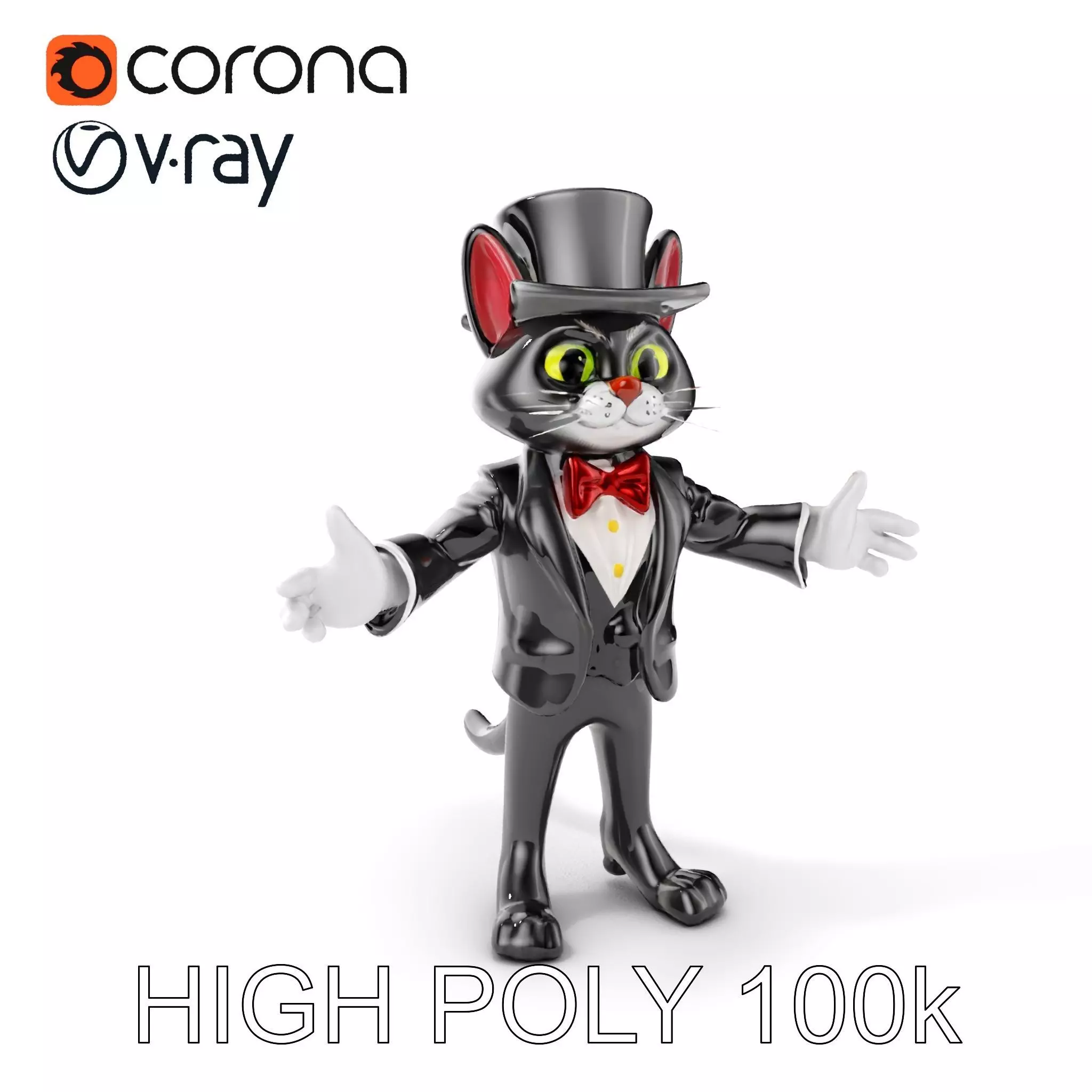 Top Hat Tuxedo Cat Character Model  Rigged and Animated Low-poly 3D model_0