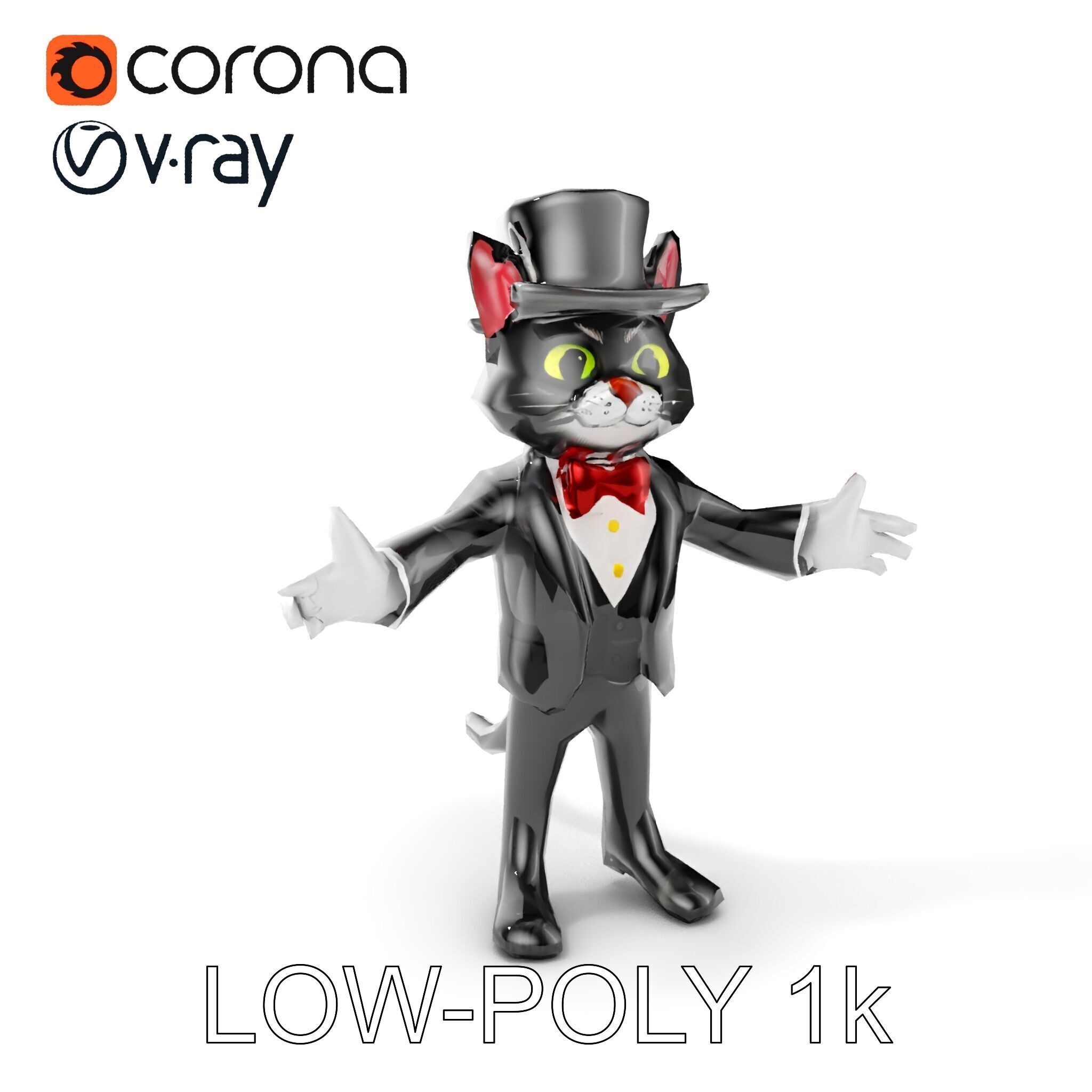 Top Hat Tuxedo Cat Character Model  Rigged and Animated Low-poly 3D model_15