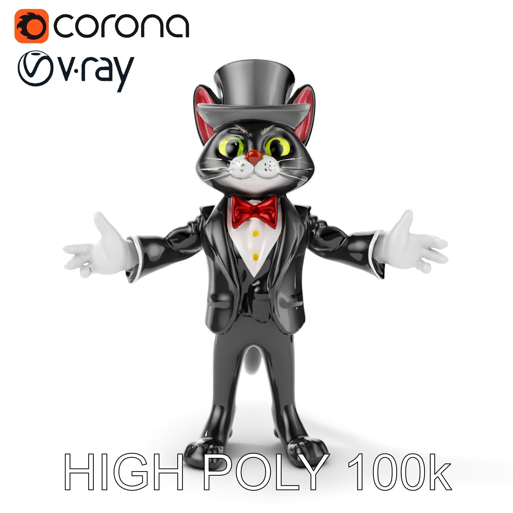 Top Hat Tuxedo Cat Character Model  Rigged and Animated Low-poly 3D model_13
