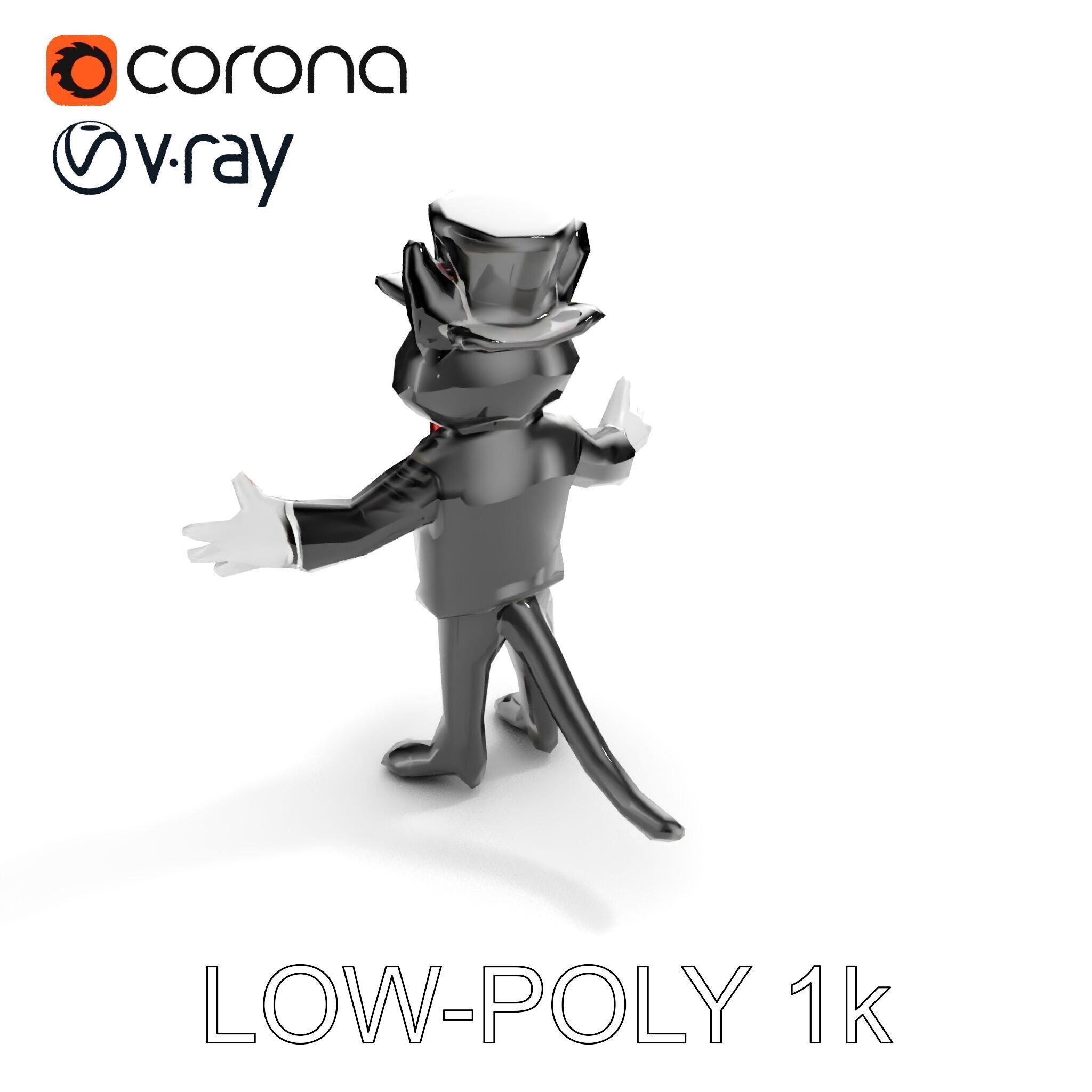 Top Hat Tuxedo Cat Character Model  Rigged and Animated Low-poly 3D model_12