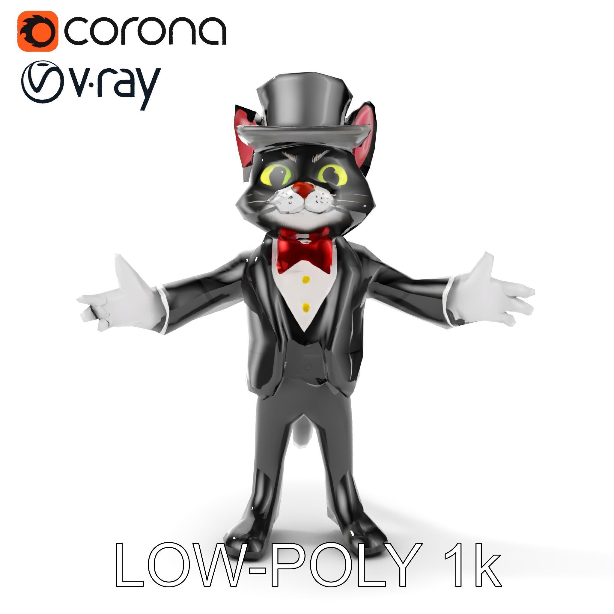 Top Hat Tuxedo Cat Character Model  Rigged and Animated Low-poly 3D model_17