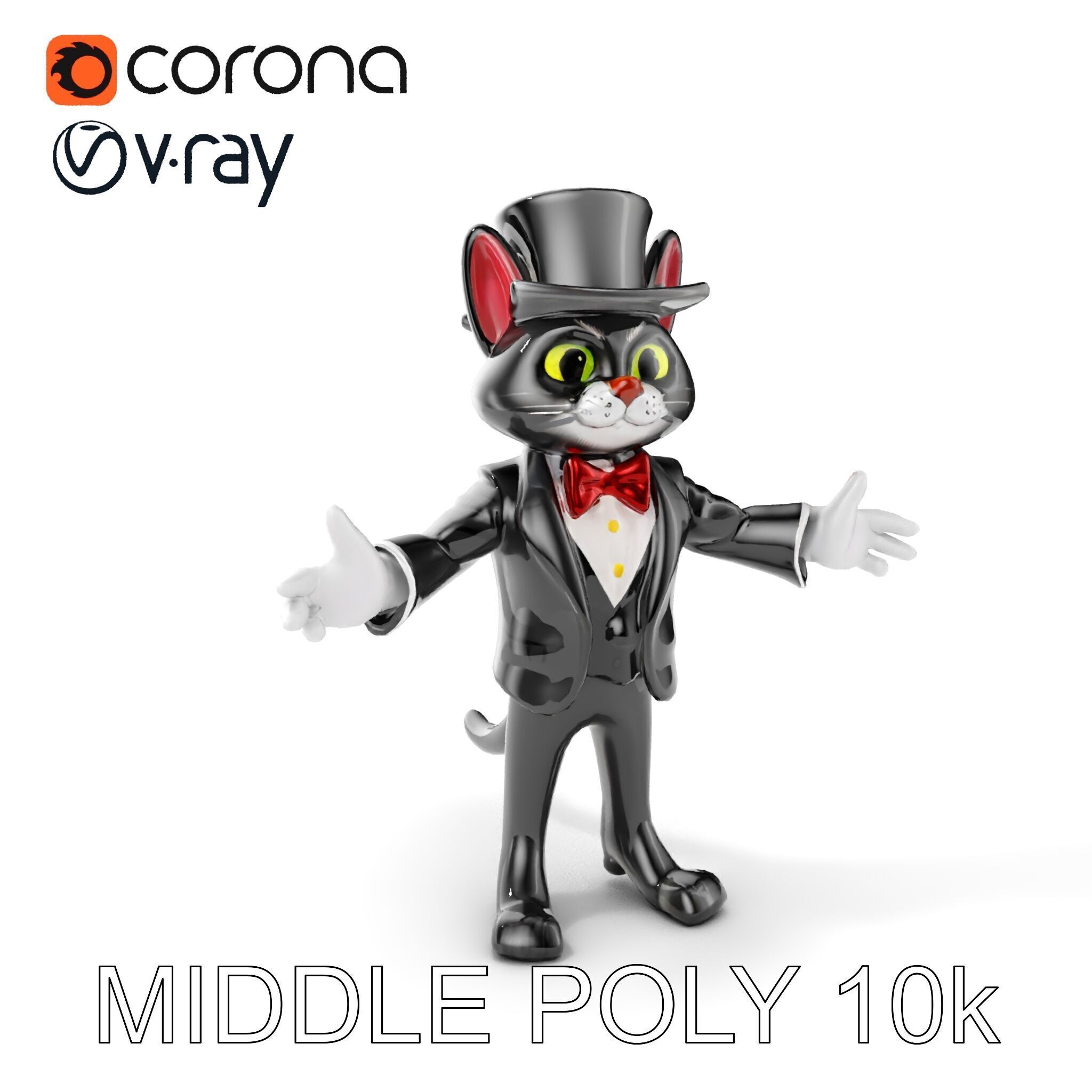Top Hat Tuxedo Cat Character Model  Rigged and Animated Low-poly 3D model_11