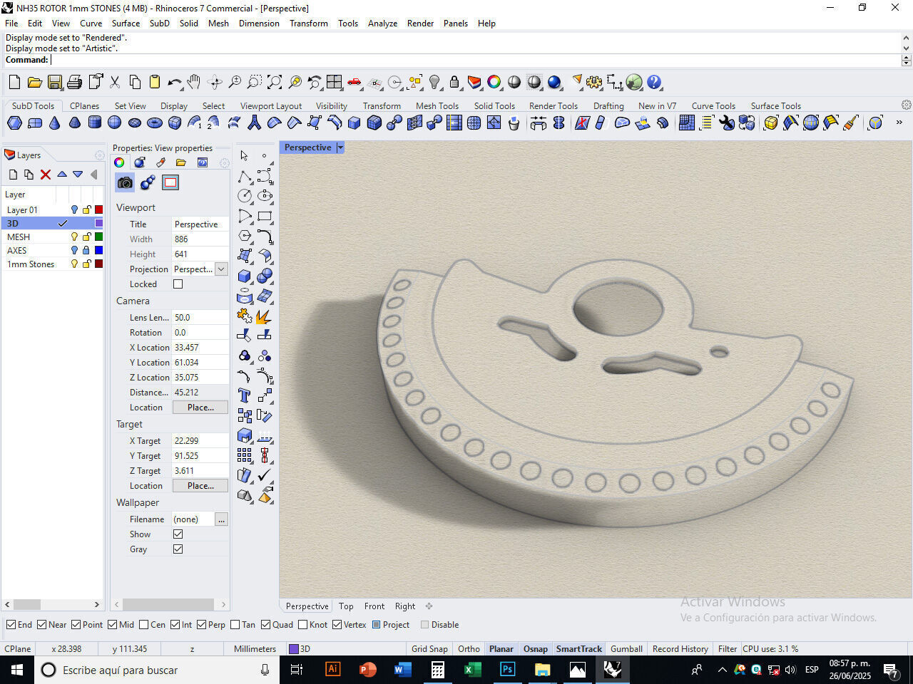 Watch Hammer Rotor with 1mm stones for NH35 3D print model_5