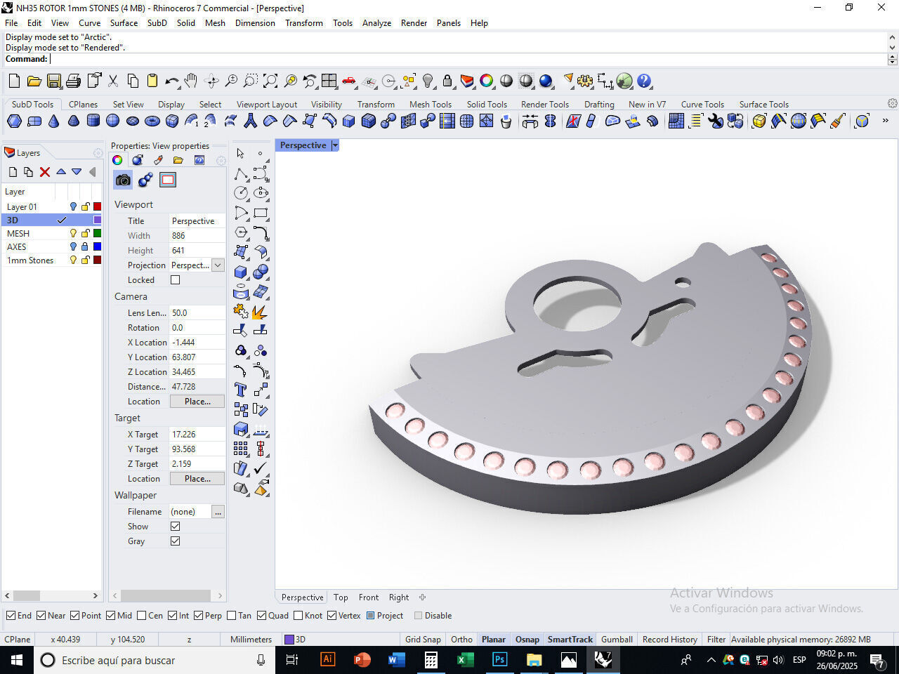 Watch Hammer Rotor with 1mm stones for NH35 3D print model_12