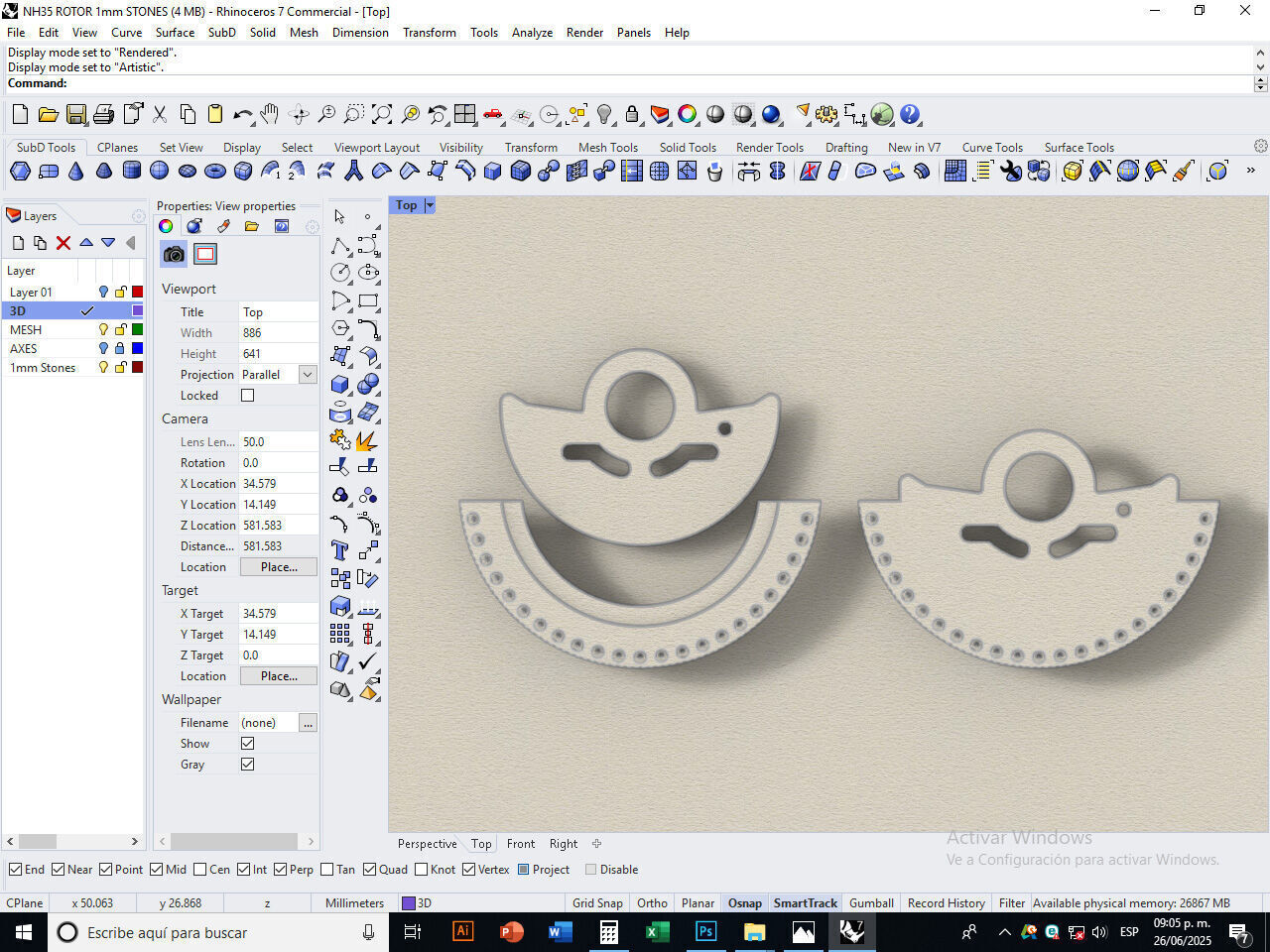 Watch Hammer Rotor with 1mm stones for NH35 3D print model_17