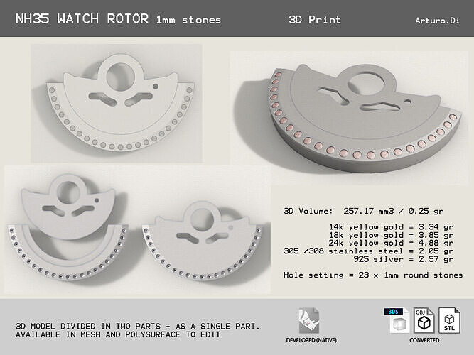 Watch Hammer Rotor with 1mm stones for NH35 3D print model