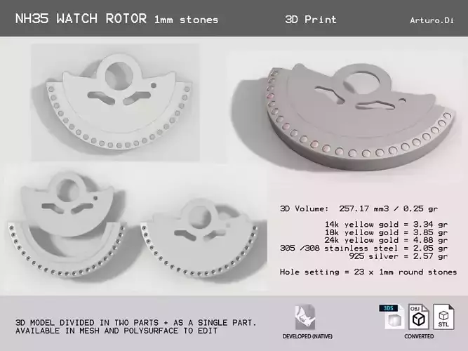 Watch Hammer Rotor with 1mm stones for NH35 3D print model