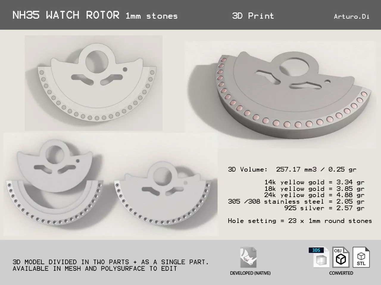 Watch Hammer Rotor with 1mm stones for NH35 3D print model_0