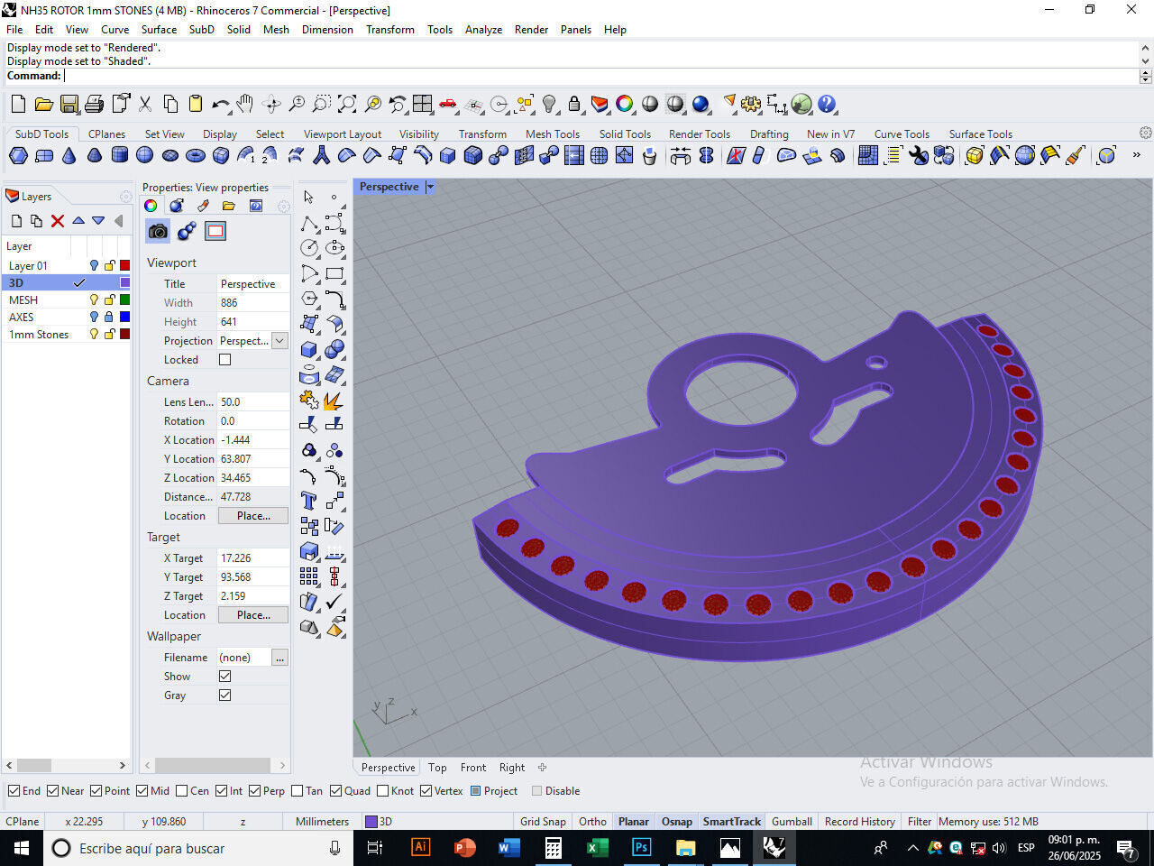 Watch Hammer Rotor with 1mm stones for NH35 3D print model_10