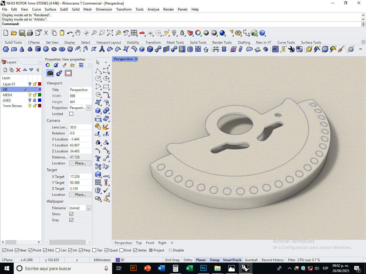 Watch Hammer Rotor with 1mm stones for NH35 3D print model_13