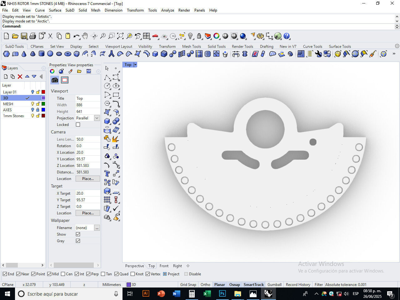 Watch Hammer Rotor with 1mm stones for NH35 3D print model_7