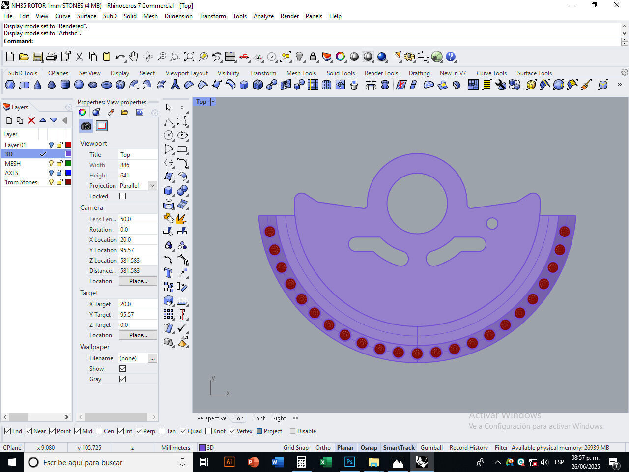 Watch Hammer Rotor with 1mm stones for NH35 3D print model_6