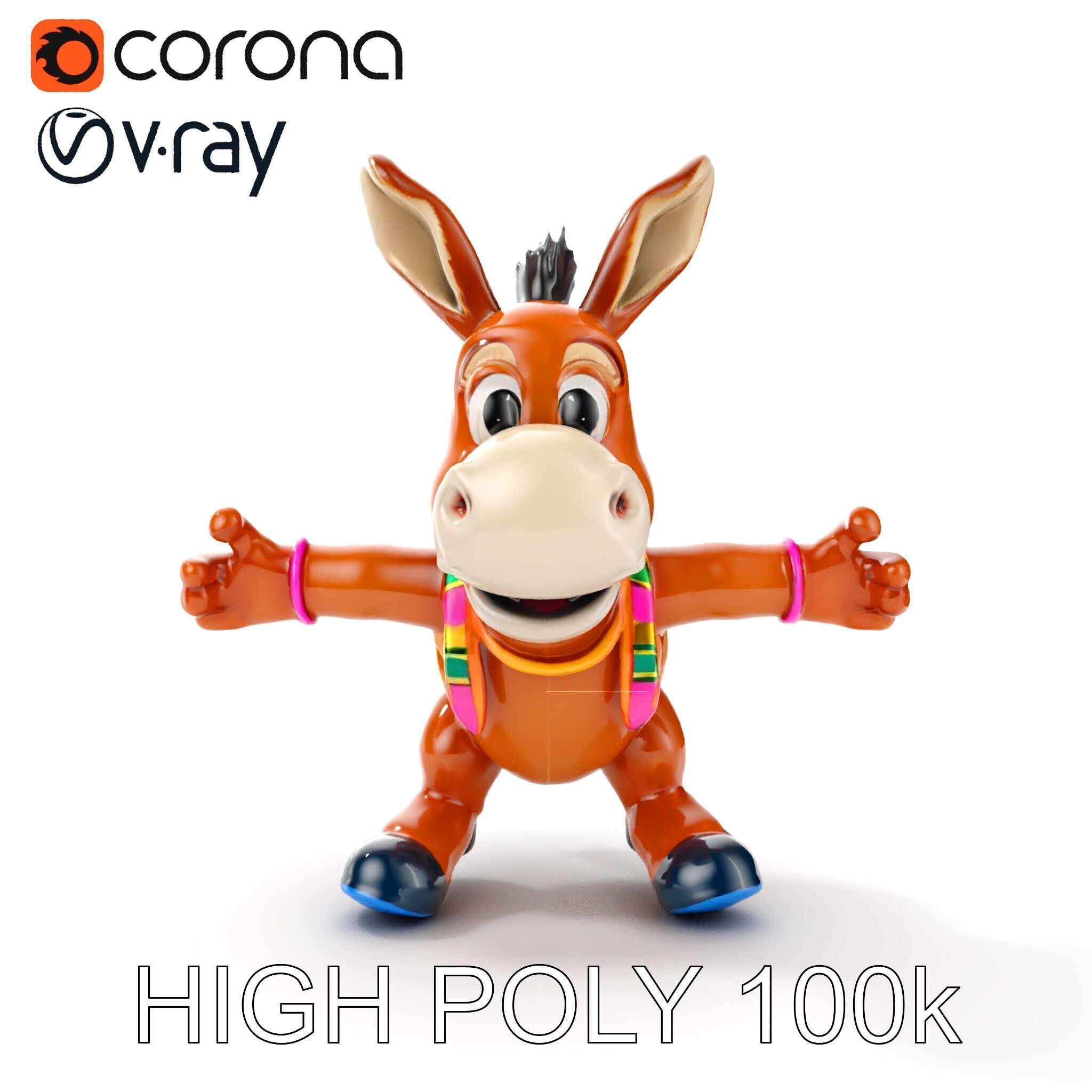 Cartoon Donkey Character Rigged and Animated for Games Low-poly 3D model_23