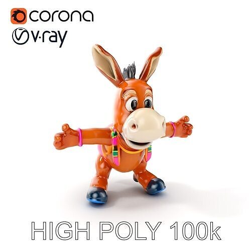 Cartoon Donkey Character Rigged and Animated for Games Low-poly 3D model