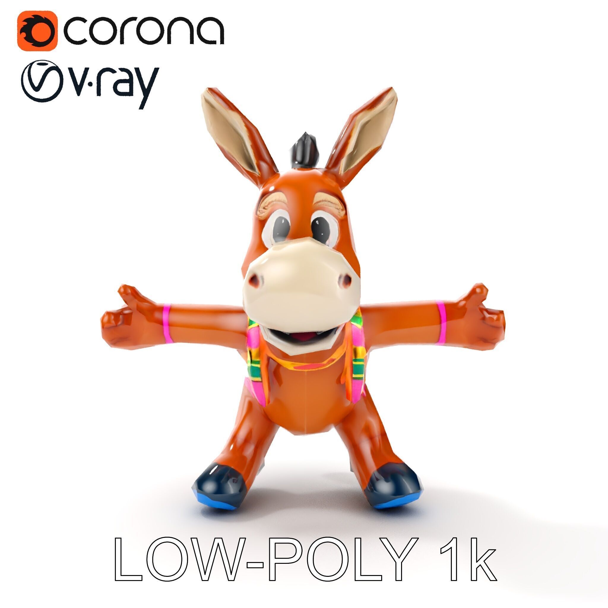 Cartoon Donkey Character Rigged and Animated for Games Low-poly 3D model_7