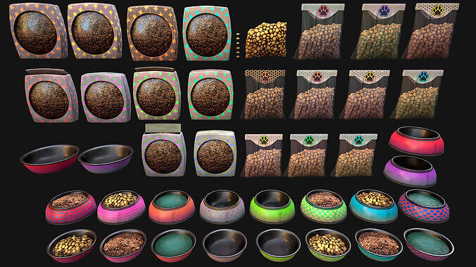 Food Water in a Bowl Dog Cat Pet Pack Flakes Treats Low-poly 3D model