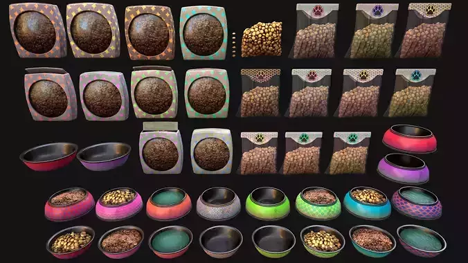 Food Water in a Bowl Dog Cat Pet Pack Flakes Treats Low-poly 3D model