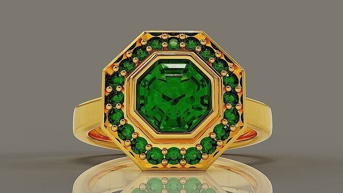 Cathedral style bezel set octagon shape diamond halo ring 3D print model