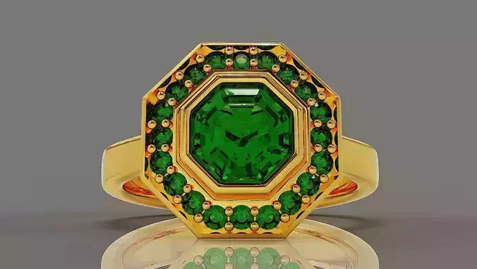 Cathedral style bezel set octagon shape diamond halo ring