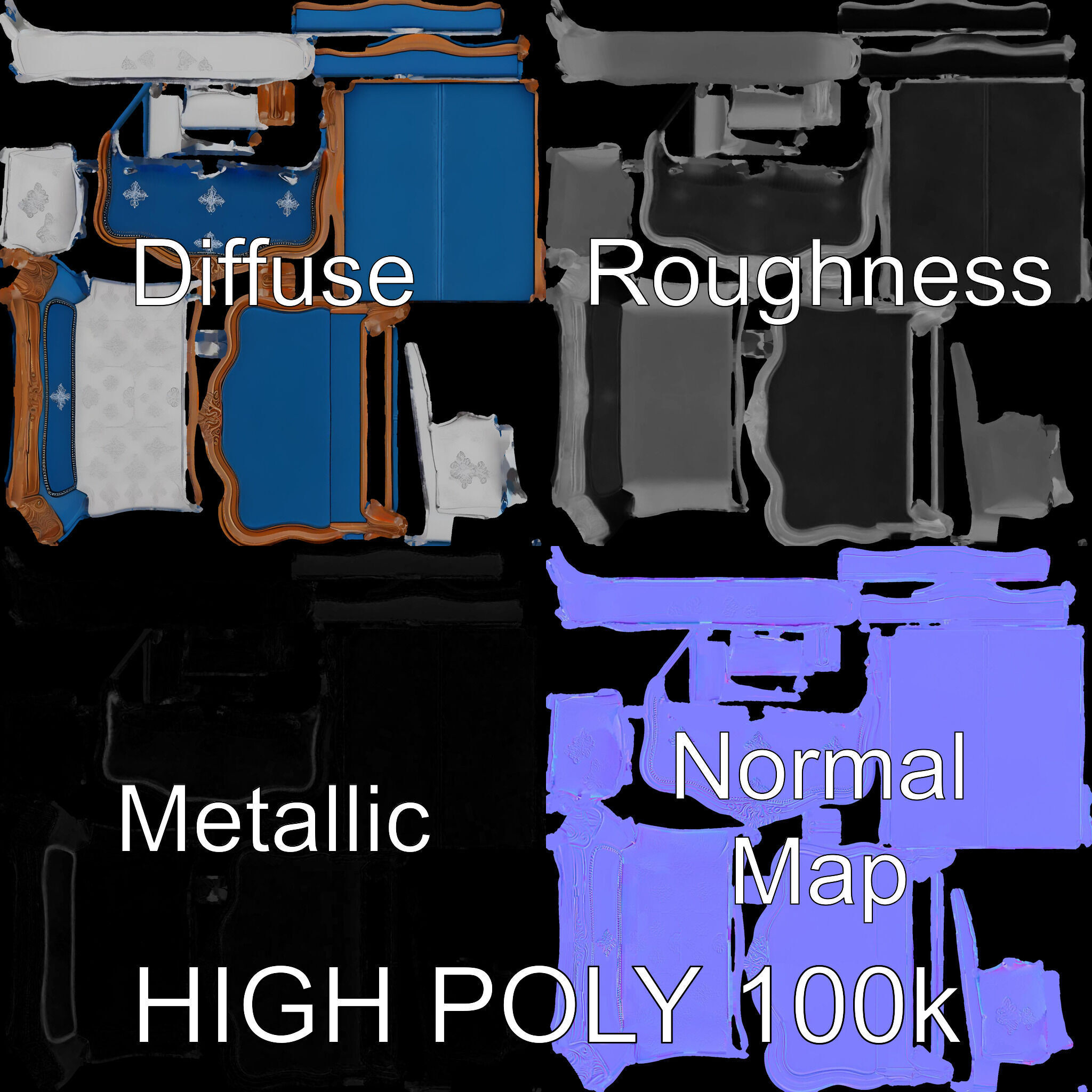 Elegant Baroque Bed Model Pack Low-poly 3D model_3