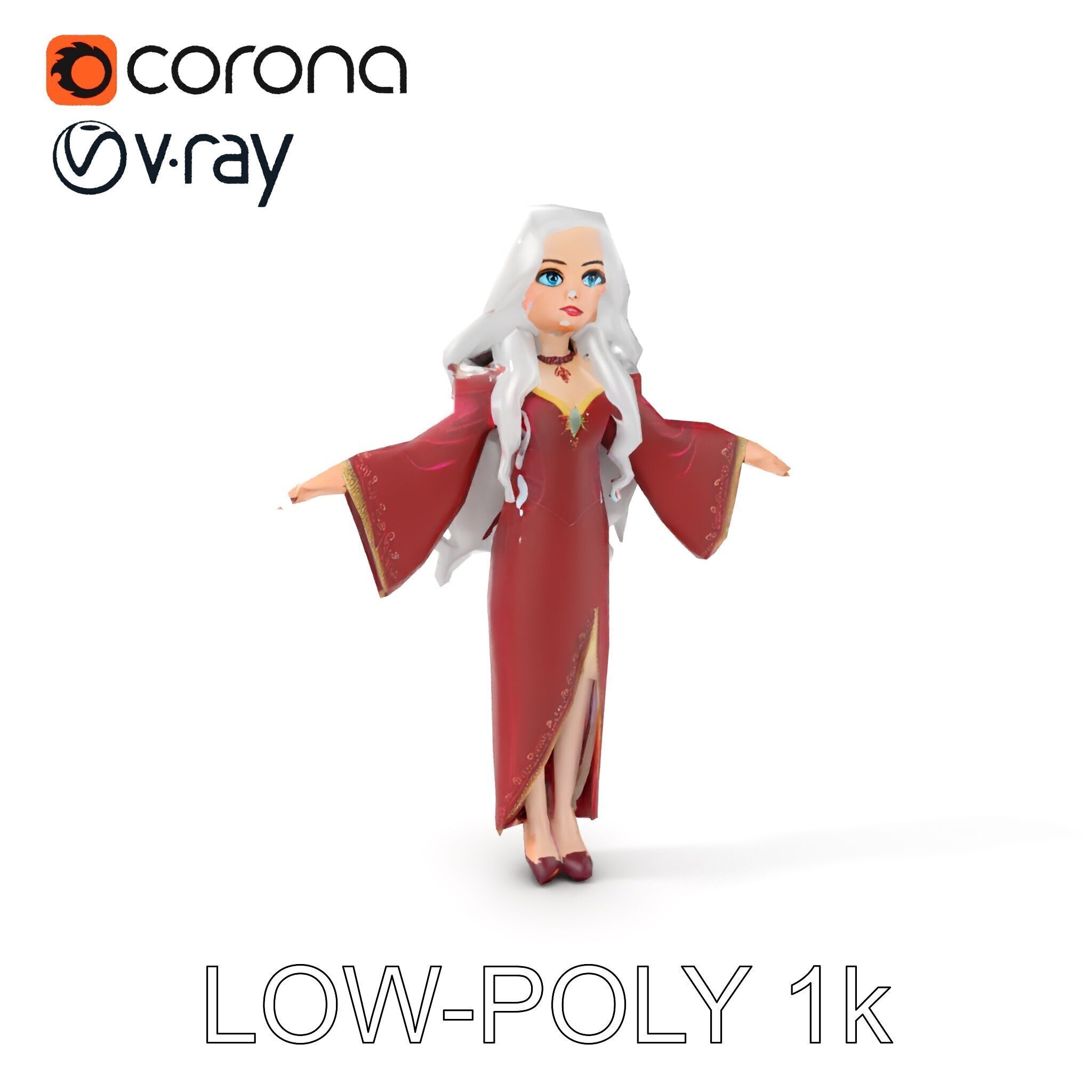 Elegant Sorceress Character Model Rigged and Animated Low-poly 3D model_8