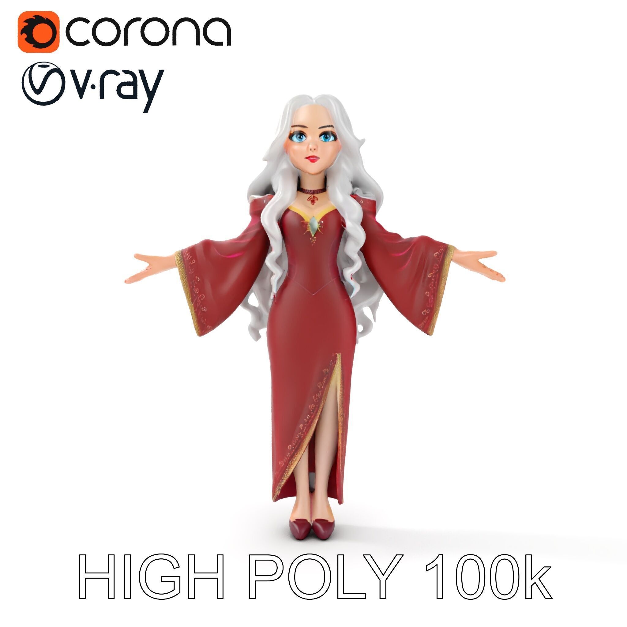 Elegant Sorceress Character Model Rigged and Animated Low-poly 3D model_11