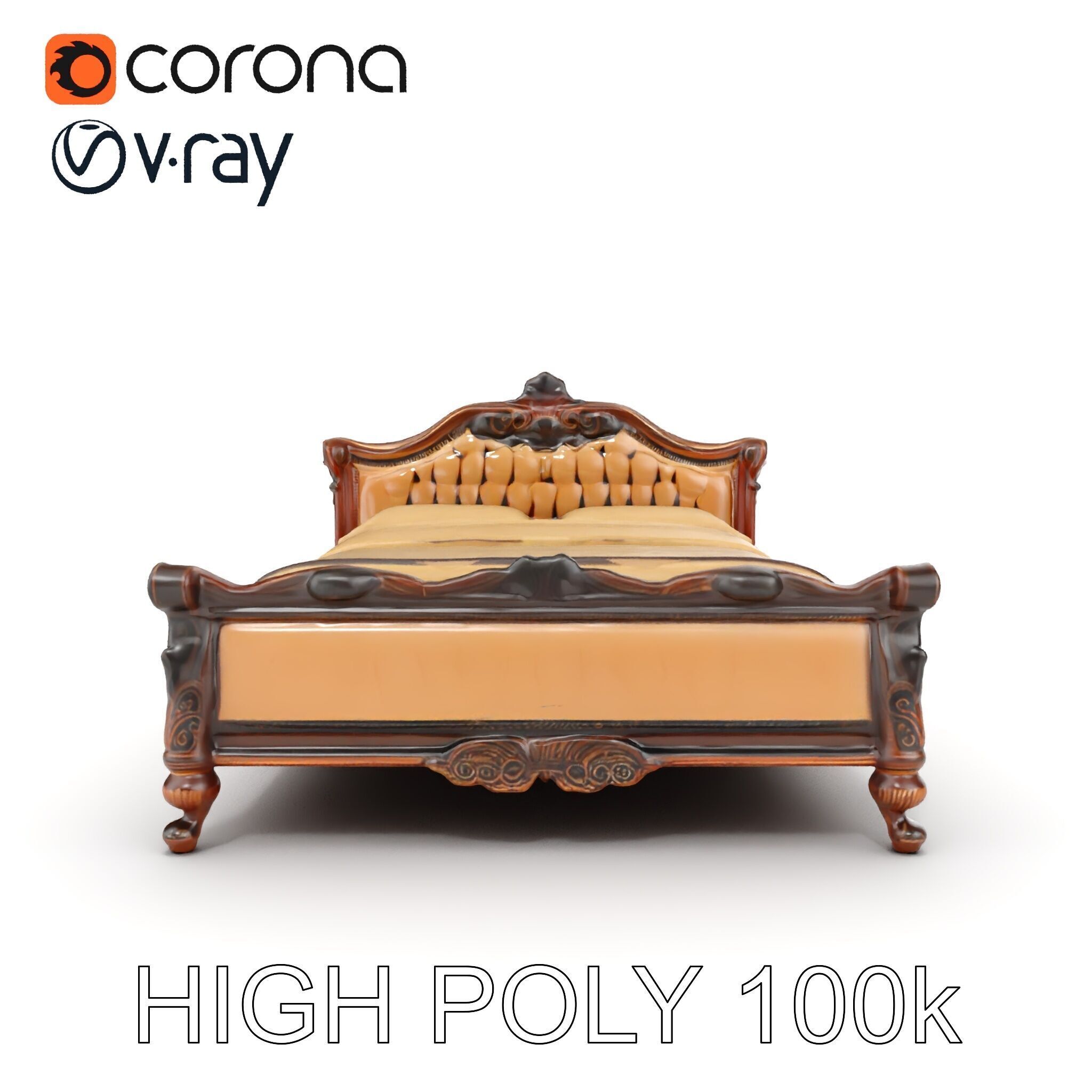 Classic Carved Bed Model Pack with Padded Headboard Low-poly 3D model_24