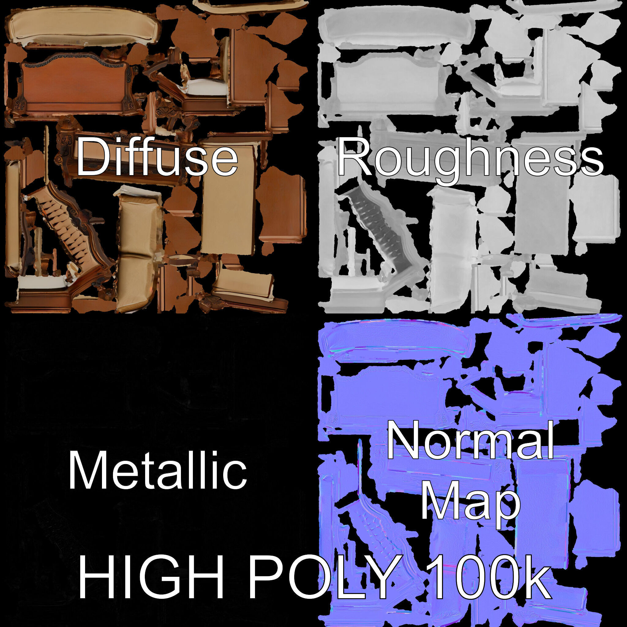 Classic Carved Bed Model Pack with Padded Headboard Low-poly 3D model_3