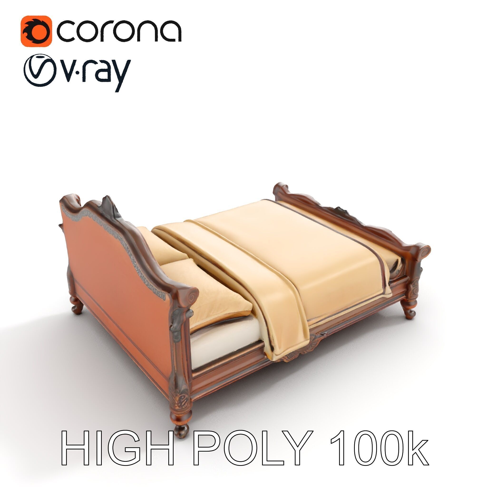 Classic Carved Bed Model Pack with Padded Headboard Low-poly 3D model_13