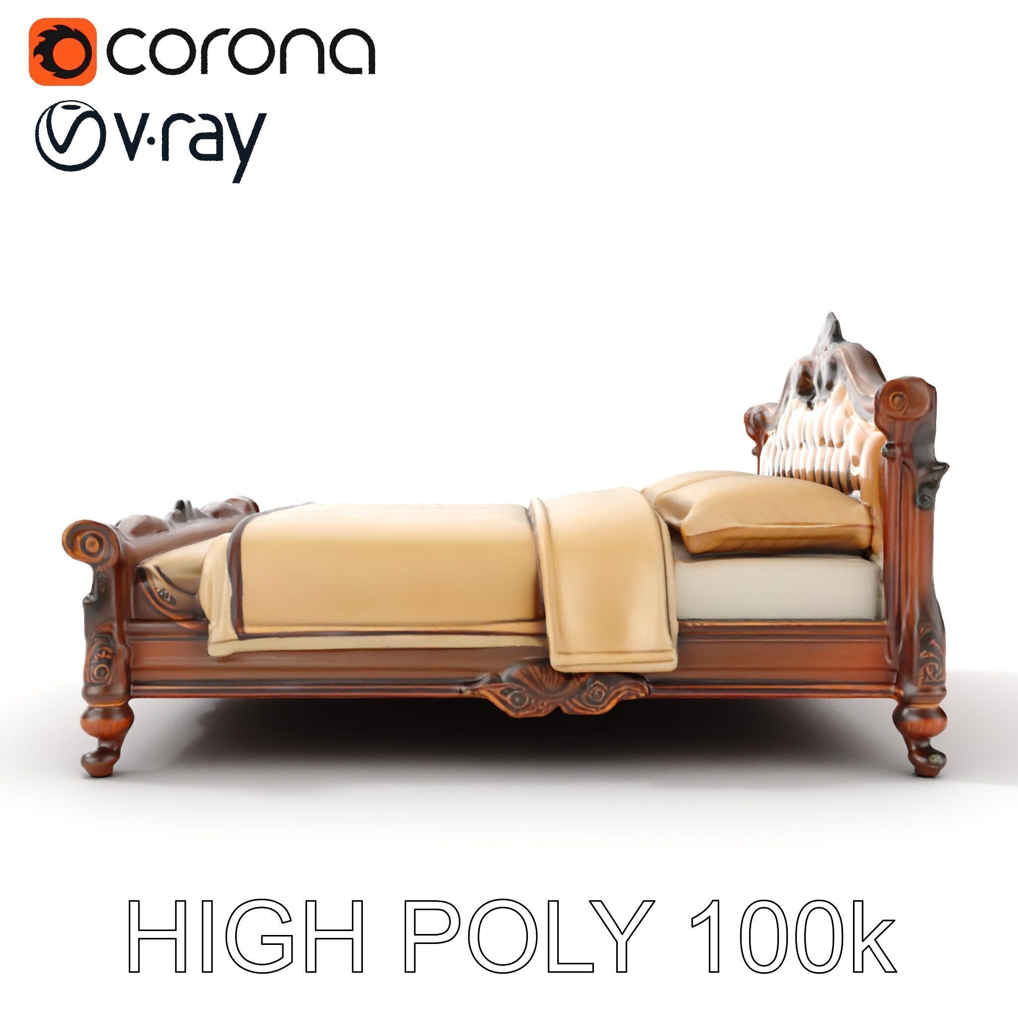Classic Carved Bed Model Pack with Padded Headboard Low-poly 3D model_10