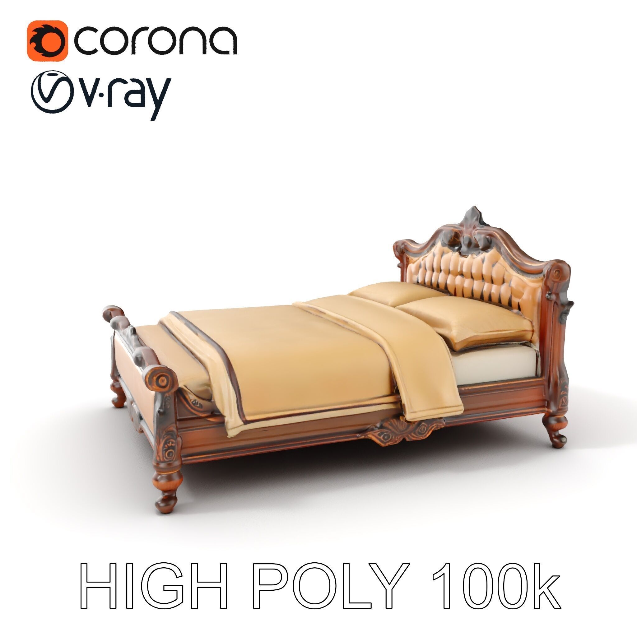 Classic Carved Bed Model Pack with Padded Headboard Low-poly 3D model_12