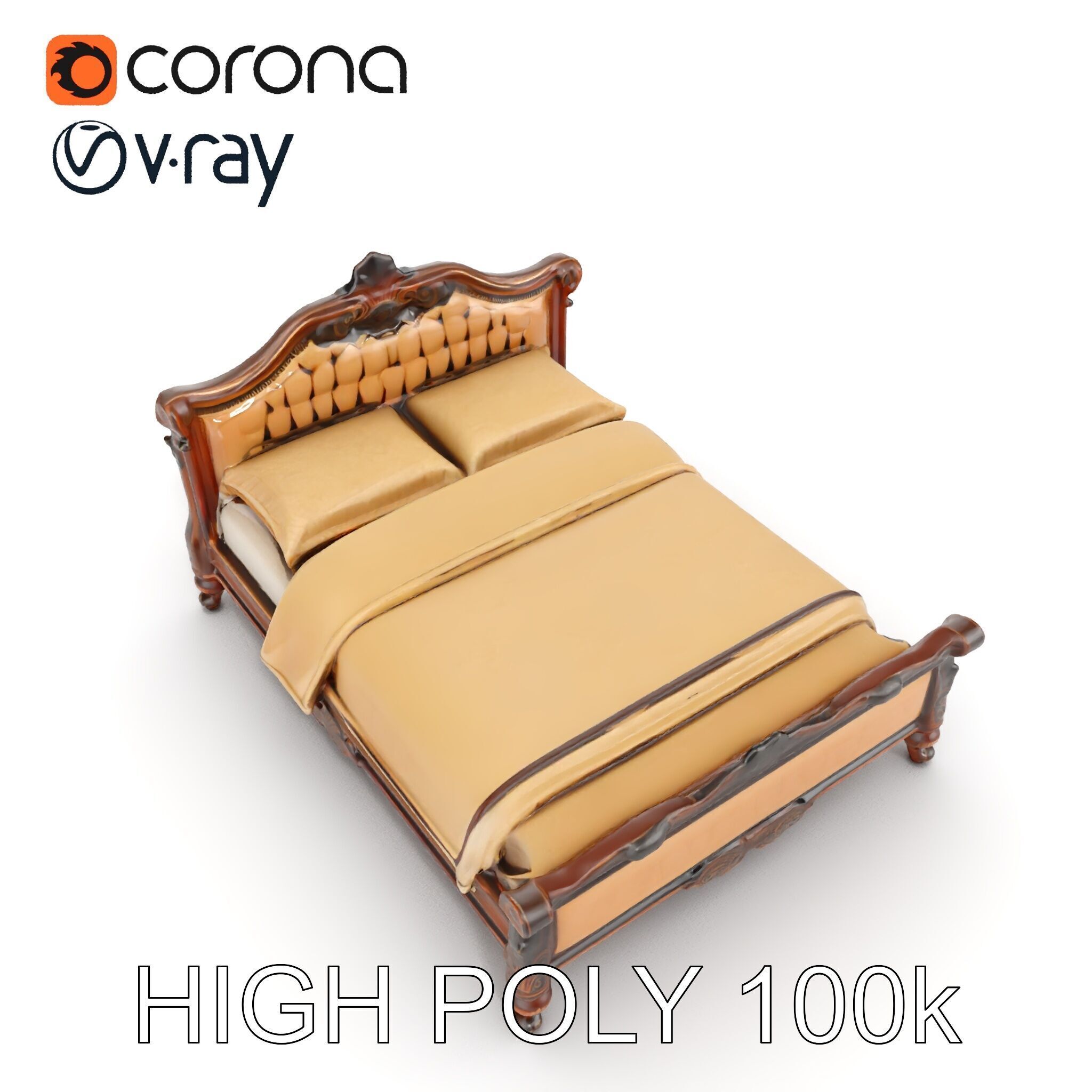Classic Carved Bed Model Pack with Padded Headboard Low-poly 3D model_28