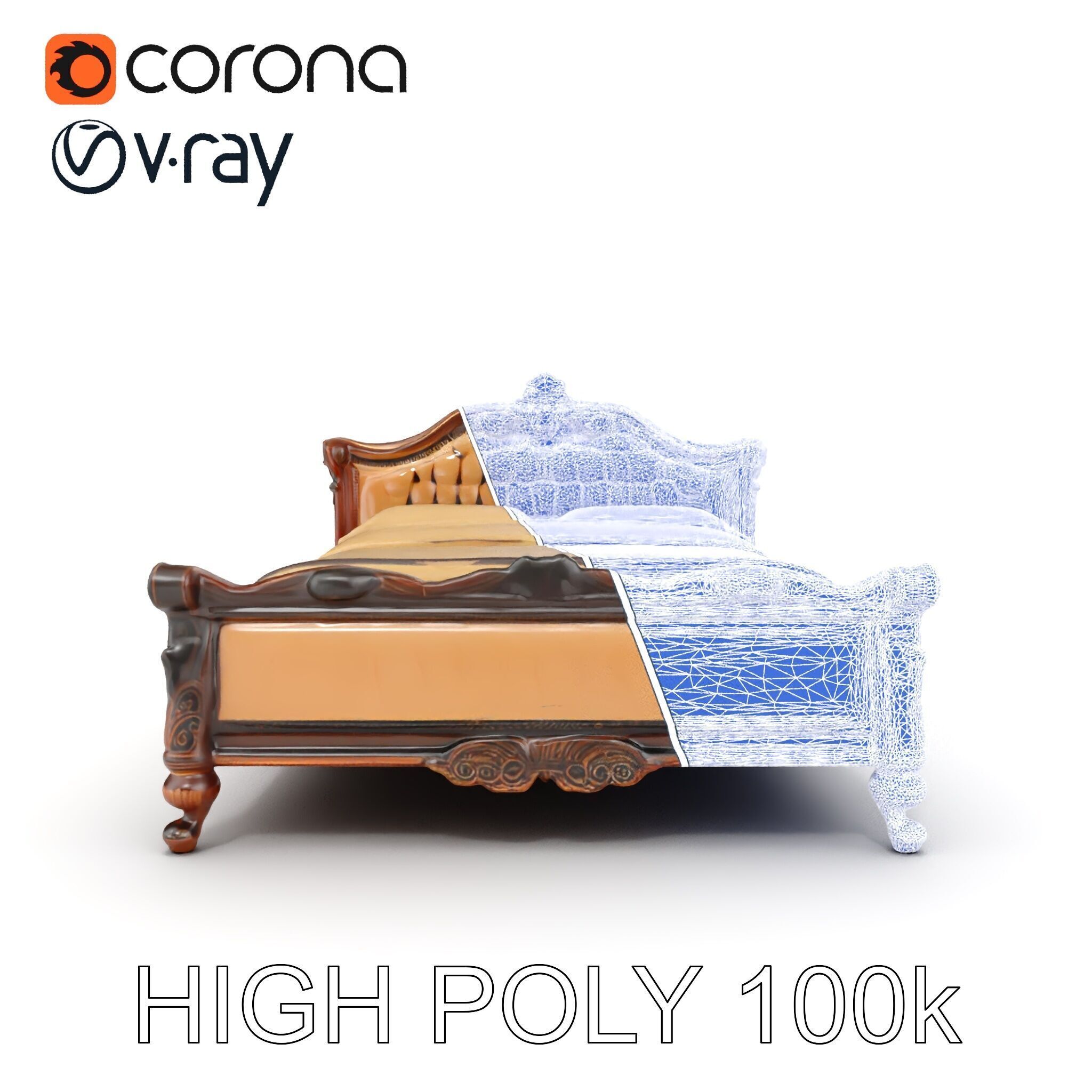Classic Carved Bed Model Pack with Padded Headboard Low-poly 3D model_25