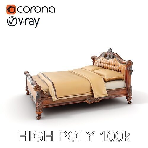 Classic Carved Bed Model Pack with Padded Headboard Low-poly 3D model