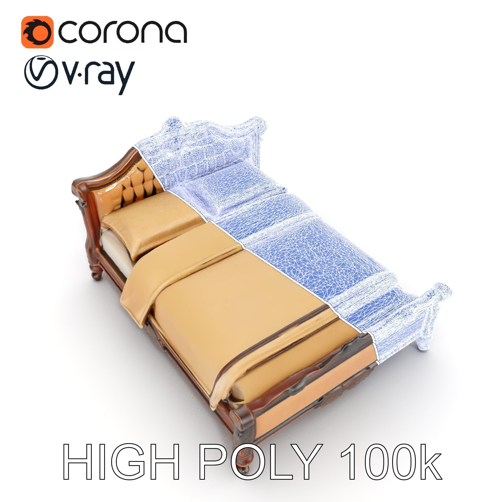 Classic Carved Bed Model Pack with Padded Headboard Low-poly 3D model_14