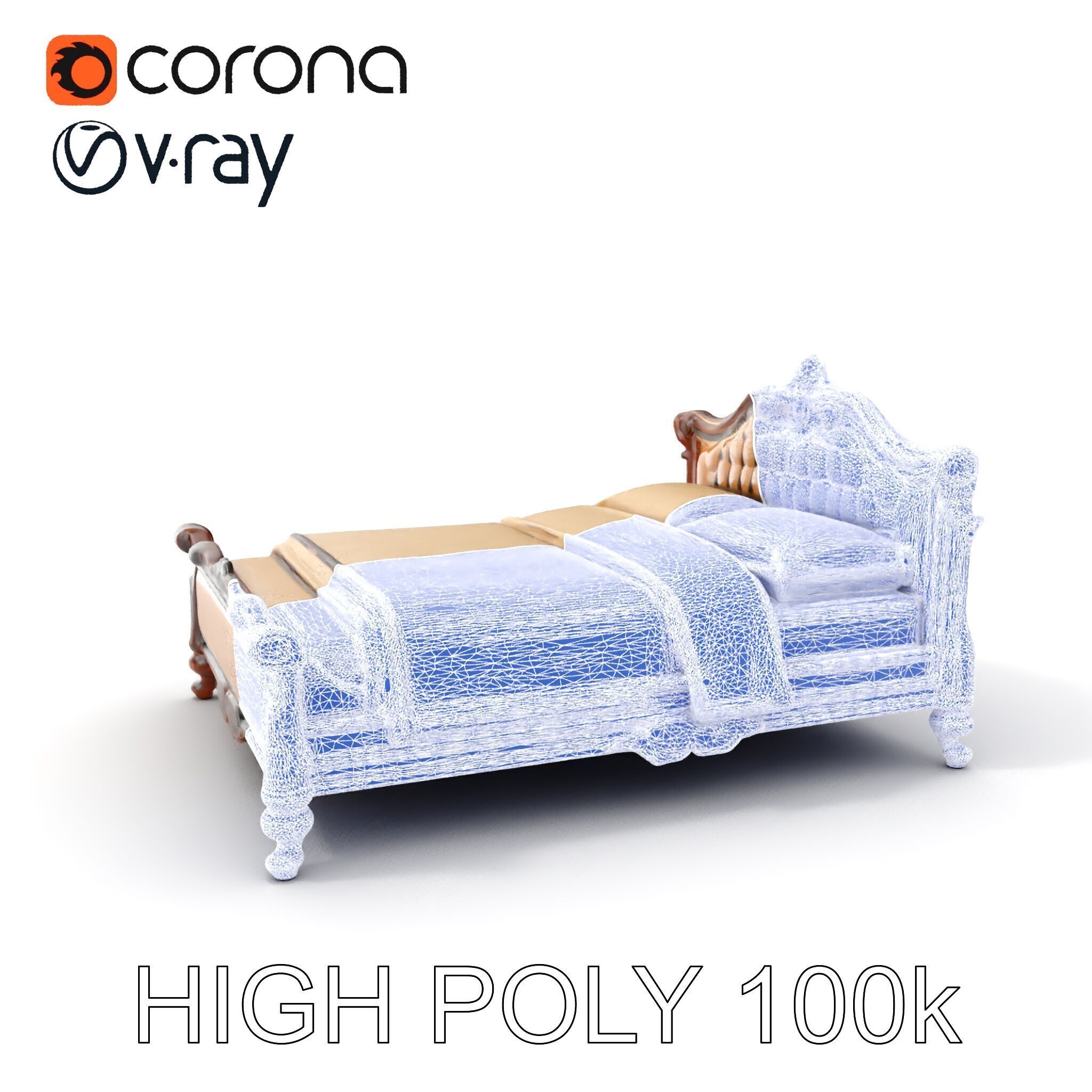 Classic Carved Bed Model Pack with Padded Headboard Low-poly 3D model_20