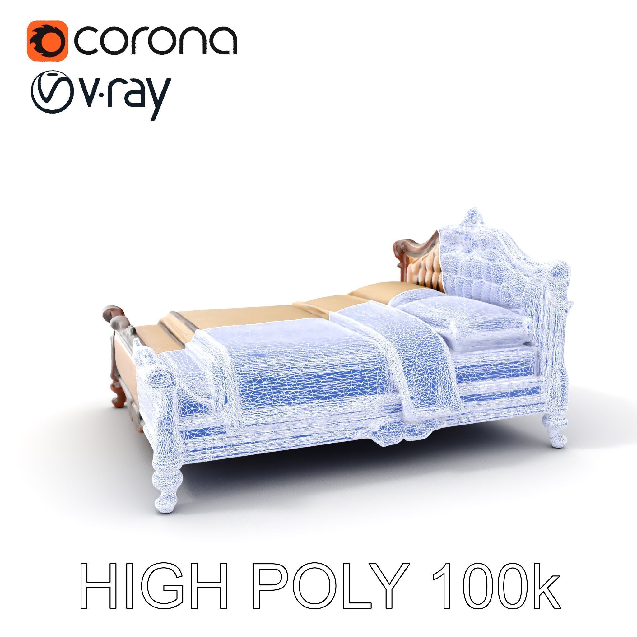Classic Carved Bed Model Pack with Padded Headboard Low-poly 3D model_17