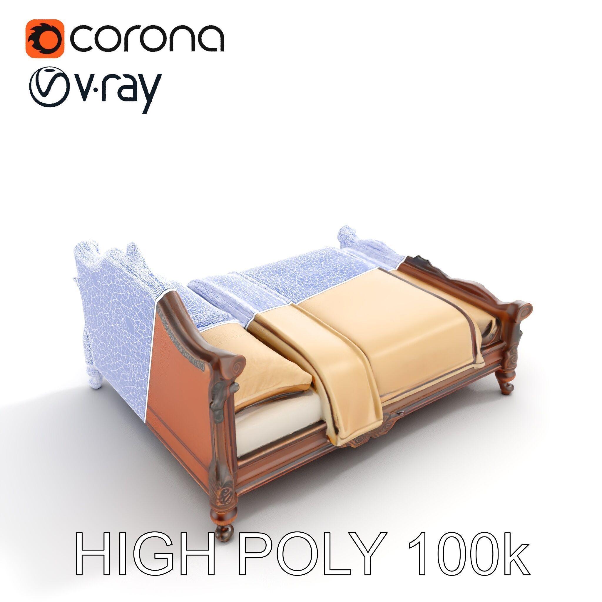 Classic Carved Bed Model Pack with Padded Headboard Low-poly 3D model_31
