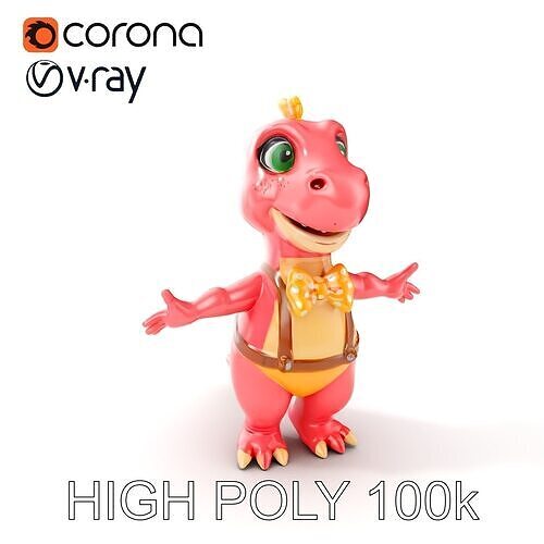 Cute Pink Dinosaur with Bowtie Rigged and Animated Model Low-poly 3D model