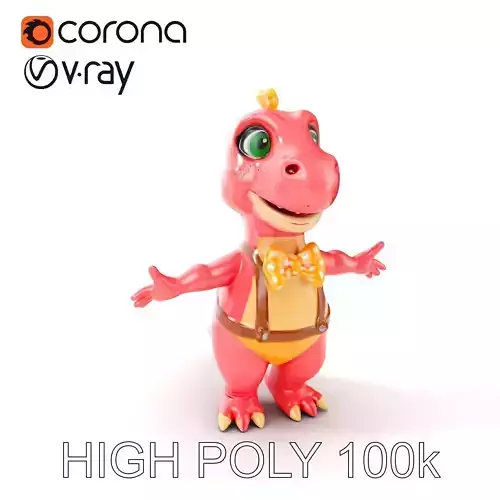 Cute Pink Dinosaur with Bowtie Rigged and Animated Model Low-poly 3D model