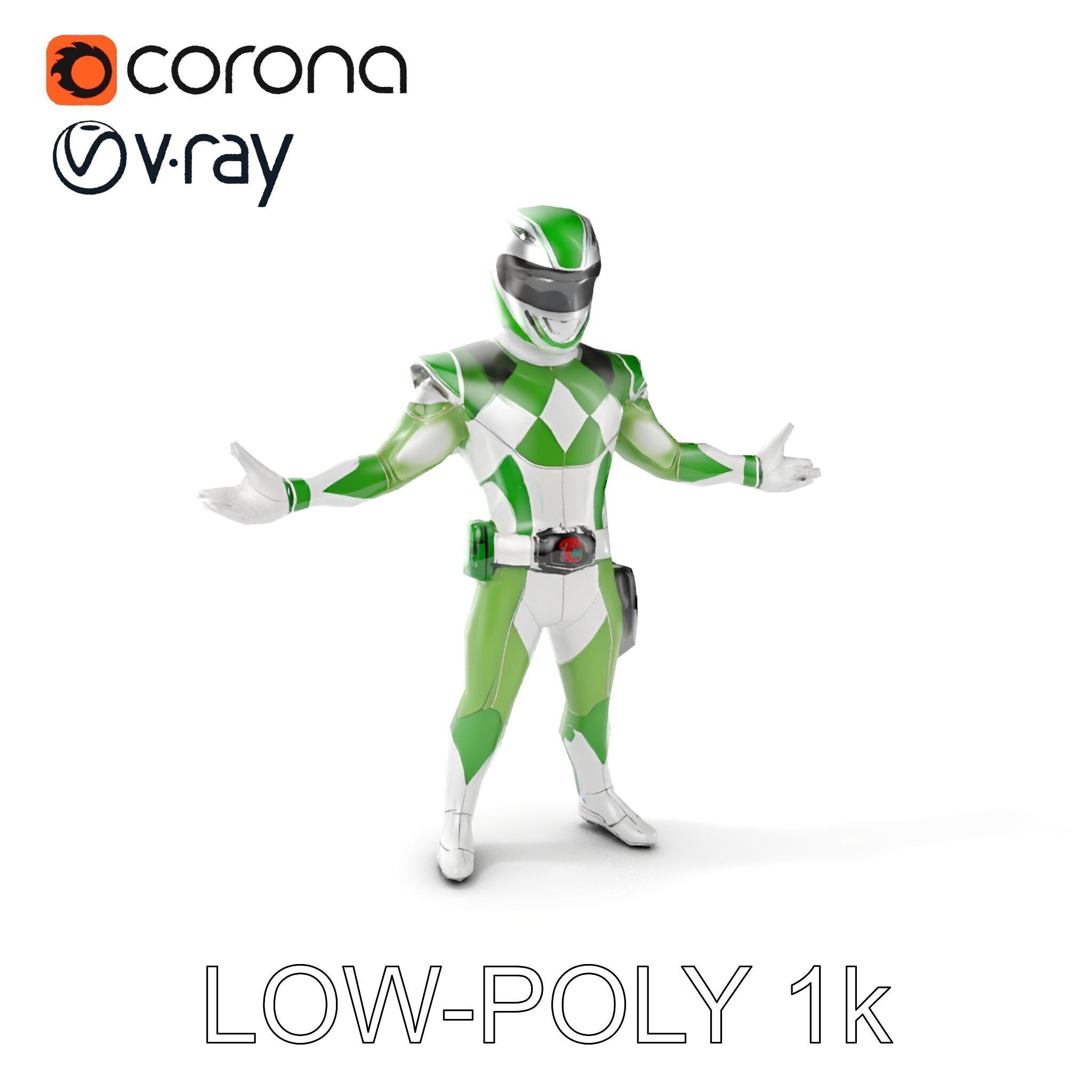 Green Armored Hero Rigged and Animated Low-poly 3D model_12