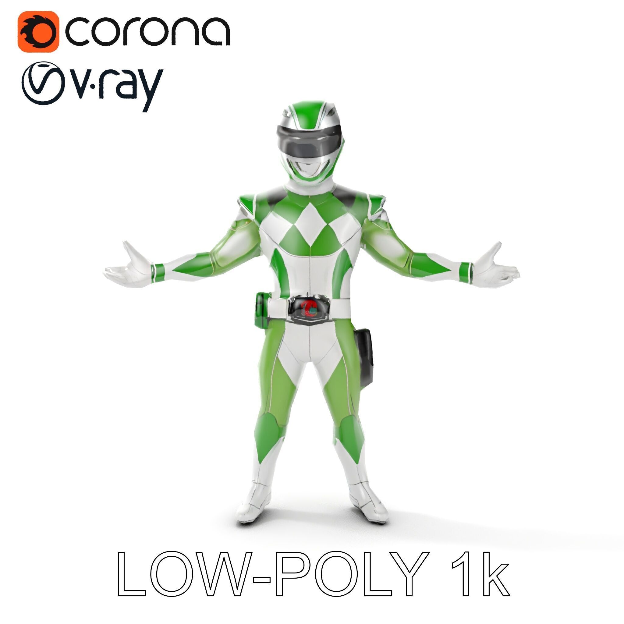 Green Armored Hero Rigged and Animated Low-poly 3D model_7