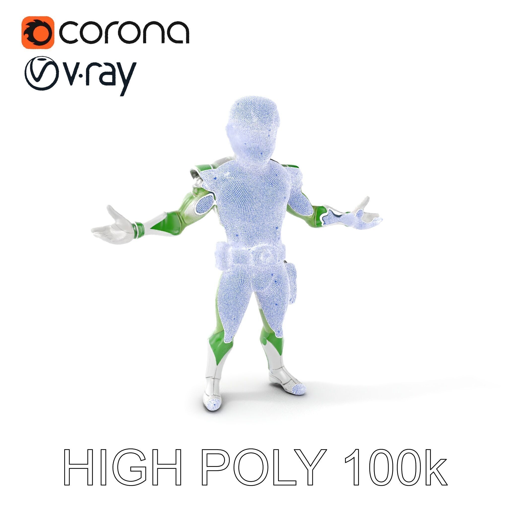 Green Armored Hero Rigged and Animated Low-poly 3D model_4