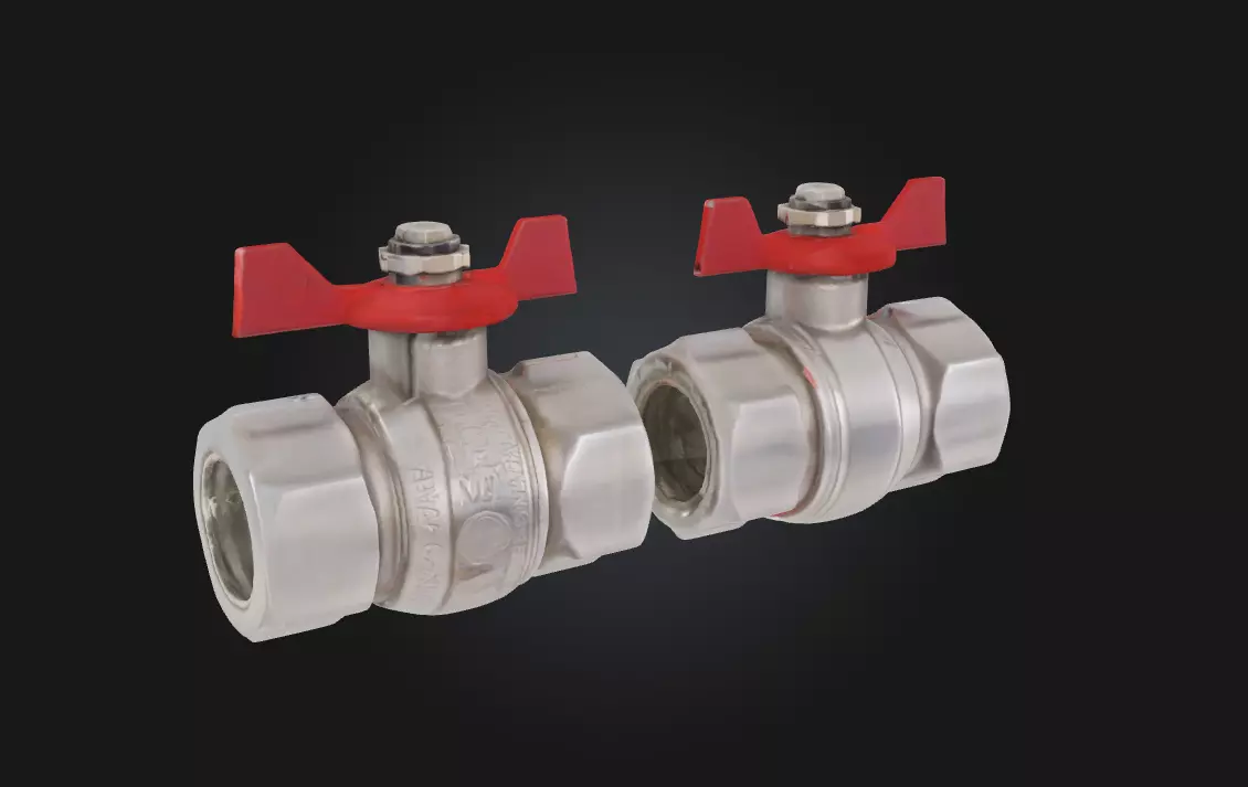 Ball Valves with Red Handles Industrial Pipe Control 3D model_0