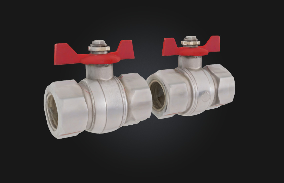 Ball Valves with Red Handles Industrial Pipe Control 3D model_2
